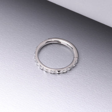 Detail View 1 of Implant Grade Titanium Pyramid Sparkle Studded Geometric Seamless Clicker Hoop Ring-Clear Gem